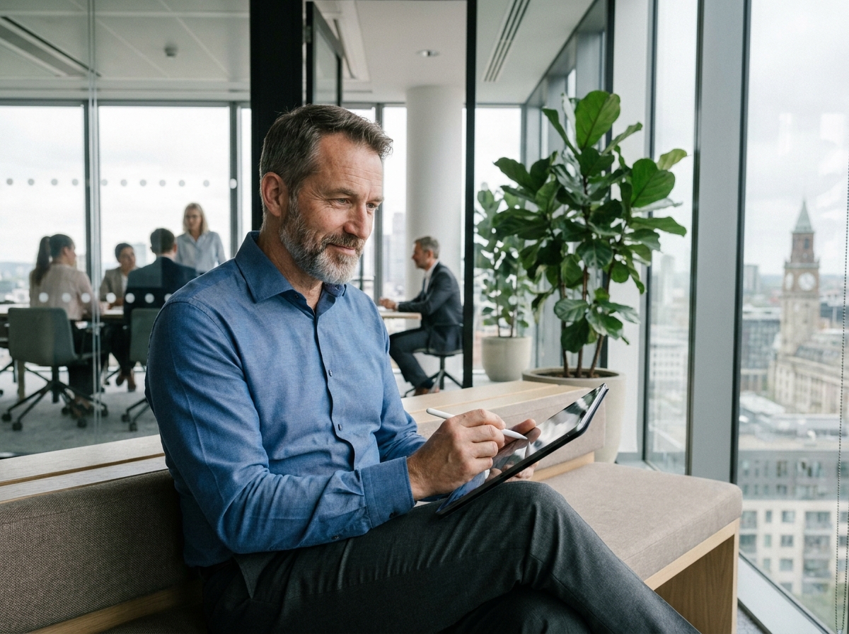 Homme professionnel utilisant une tablette dans un bureau moderne