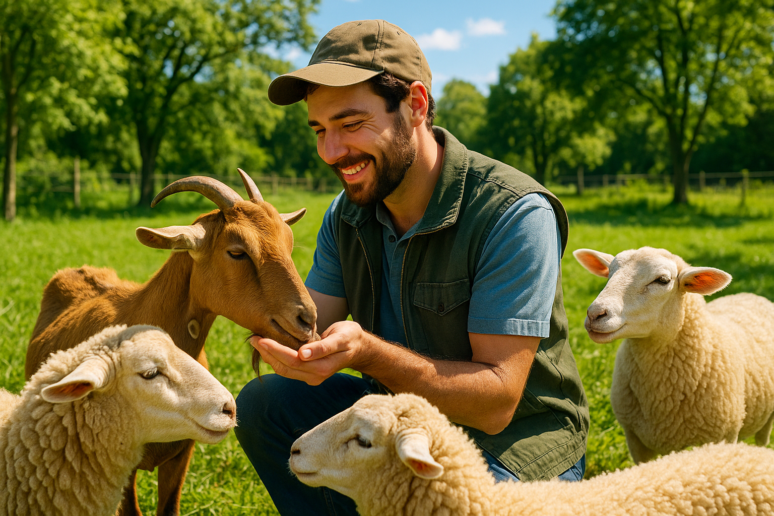 Homme nourrissant des chèvres dans un sanctuaire vert