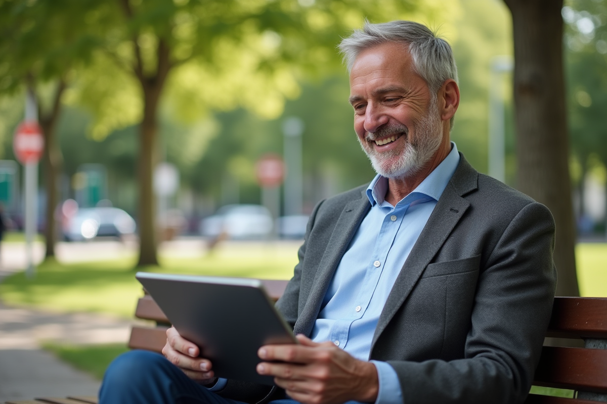 Homme souriant utilisant une tablette dans un parc