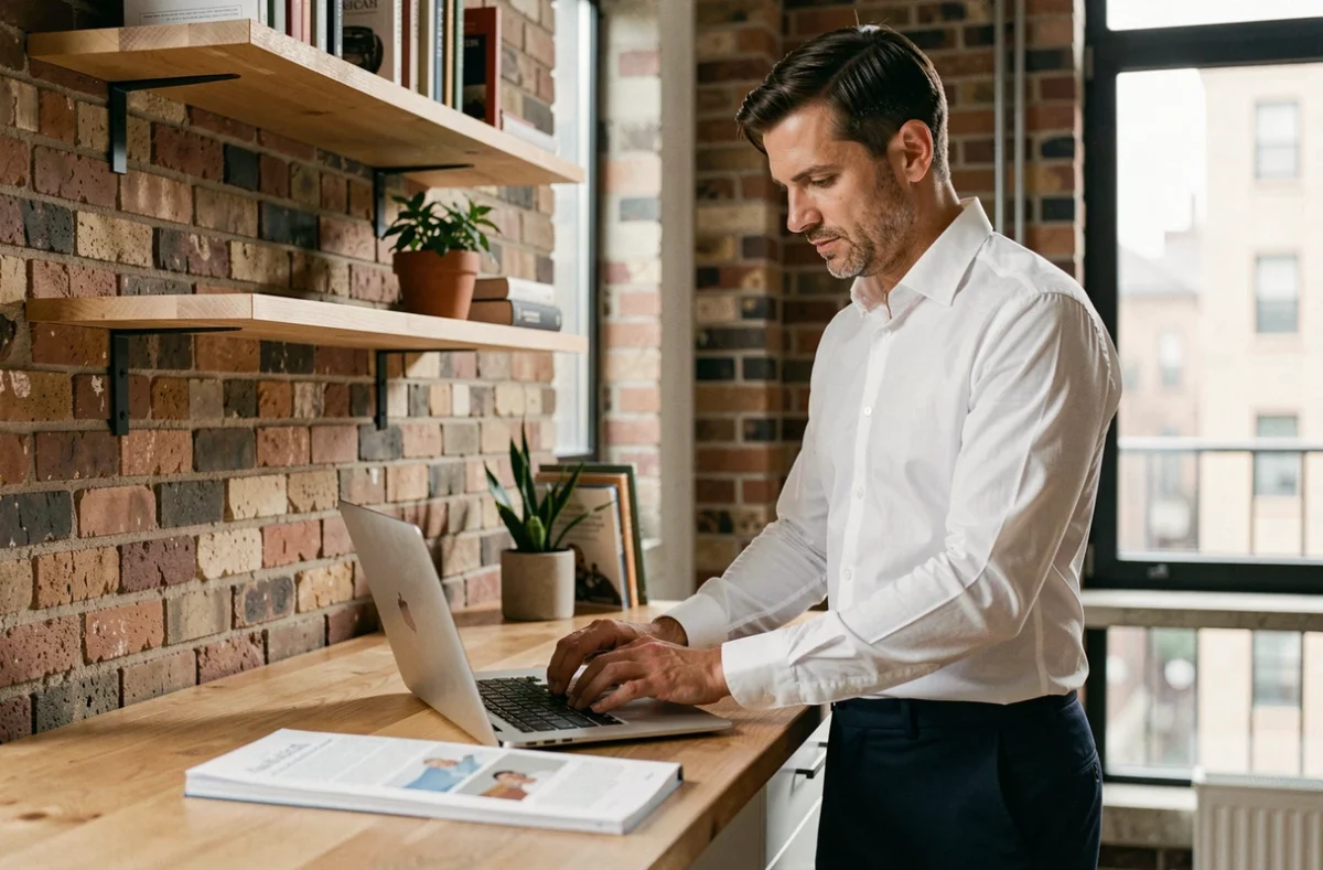 Homme en télétravail consultant un guide de conjugaison française sur son bureau à domicile, en lien avec l'utilisation correcte du verbe accueillir dans les écrits professionnels