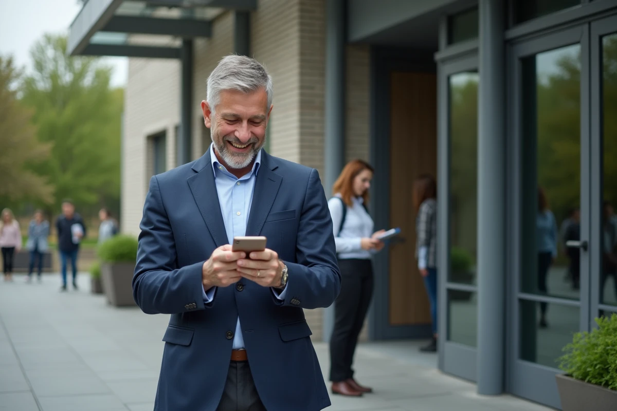 Homme souriant vérifiant ses résultats scolaires sur son smartphone devant l