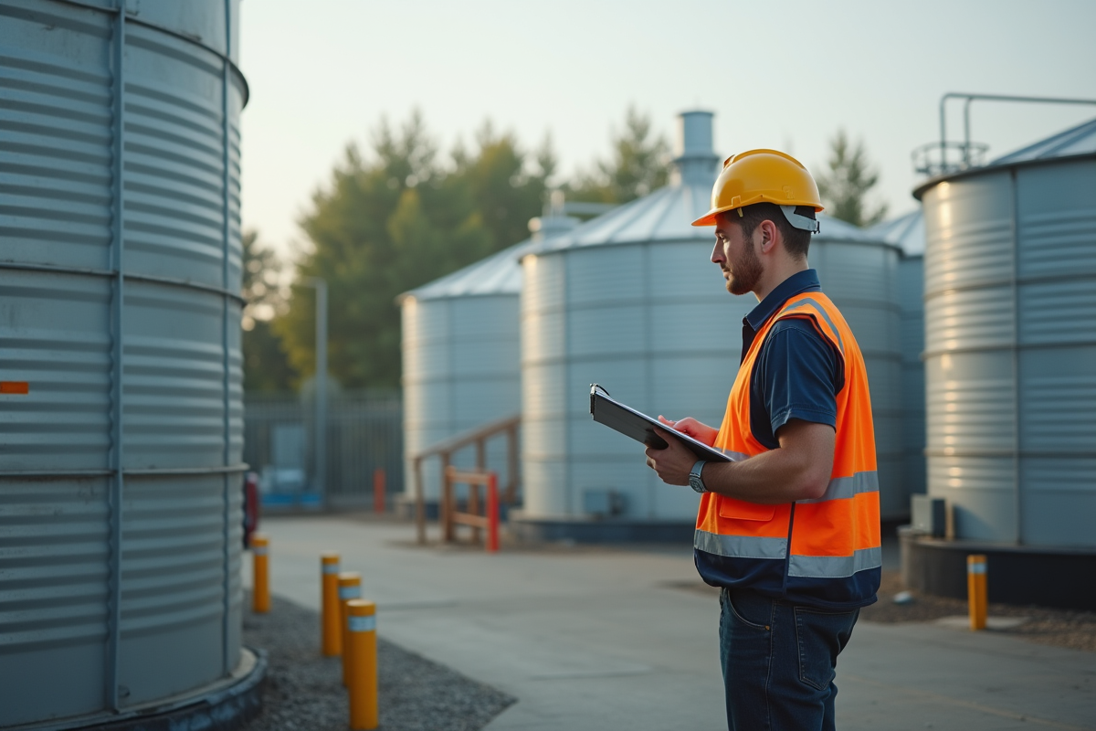 Homme en tenue haute visibilité inspectant stockage extérieur