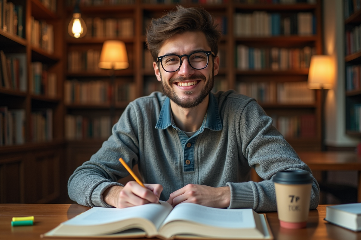 Jeune étudiant en marketing étudiant avec livres et notes