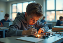 Jeune étudiant soudant des composants électroniques dans une salle moderne
