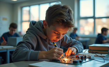 Jeune étudiant soudant des composants électroniques dans une salle moderne