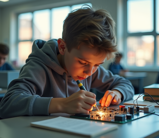 Jeune étudiant soudant des composants électroniques dans une salle moderne