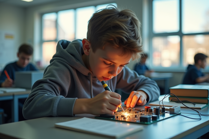 Jeune étudiant soudant des composants électroniques dans une salle moderne