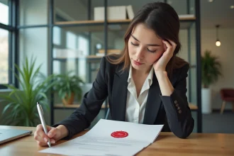 Jeune femme professionnelle examine un document officiel dans un bureau moderne