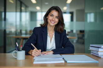 Jeune femme en bureau remplissant des documents officiels