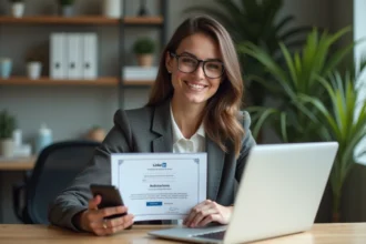 Jeune femme souriante avec certificat et smartphone en home office