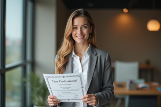 Jeune femme confiante avec certificat Titre Professionnel