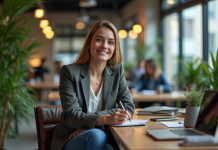 Entrepreneur : Formations essentielles pour réussir en 2025 ! Jeune femme confiante en coworking moderne avec plantes et gadgets