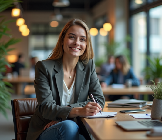 Entrepreneur : Formations essentielles pour réussir en 2025 ! Jeune femme confiante en coworking moderne avec plantes et gadgets