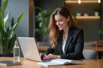 Jeune femme parisienne en coworking travaillant sur son ordinateur
