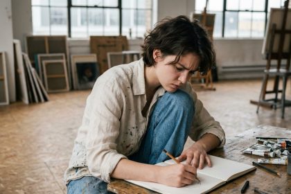 Jeune femme dessinant dans son atelier d'art
