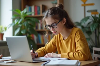 Jeune femme concentrée travaillant sur son ordinateur dans un appartement lumineux