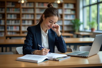 Jeune femme en étude de finance dans une bibliothèque universitaire