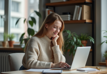 Jeune femme concentrée sur son ordinateur dans un appartement étudiant