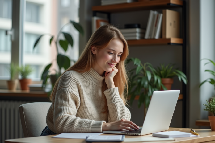 jeune-femme-etudiant-apartment Jeune femme concentrée sur son ordinateur dans un appartement étudiant