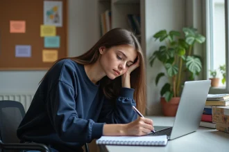 Jeune femme concentrée à son bureau dans un appartement étudiant