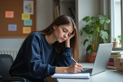 Jeune femme concentrée à son bureau dans un appartement étudiant