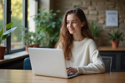 Jeune femme souriante à Nanterre dans un espace universitaire