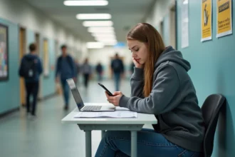 Jeune femme en jeans consulte son emploi du temps à l'université