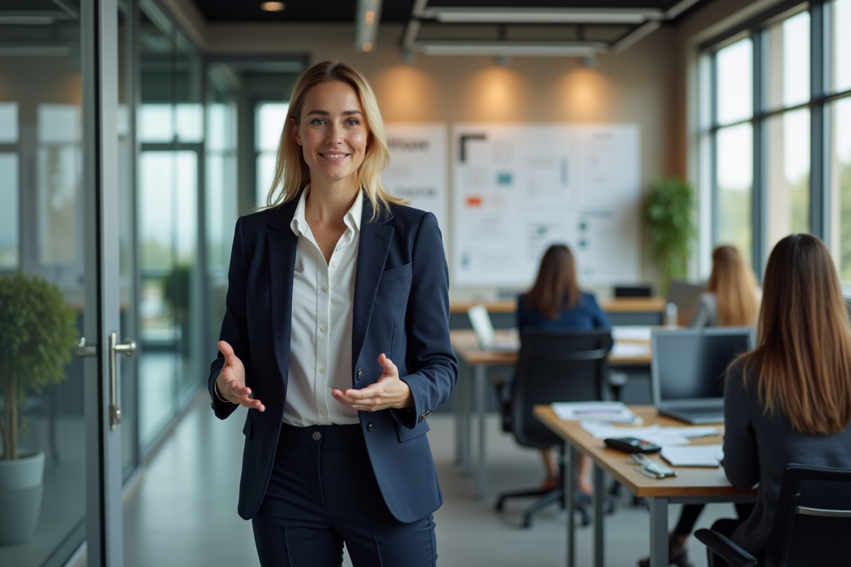 Jeune femme cadre en réunion dans un espace de travail ouvert