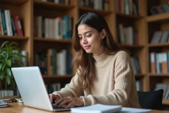 Jeune femme explorant une liste de métiers sur un site d'orientation professionnelle depuis son bureau à domicile