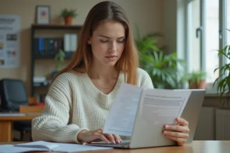 Jeune femme concentrée remplissant un formulaire en ligne dans un bureau moderne