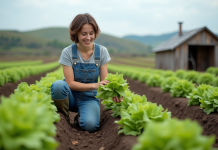 Devenir agriculteur sans diplôme : comment démarrer votre carrière agricole ! Jeune femme en overalls examine des laitues saines dans un champ
