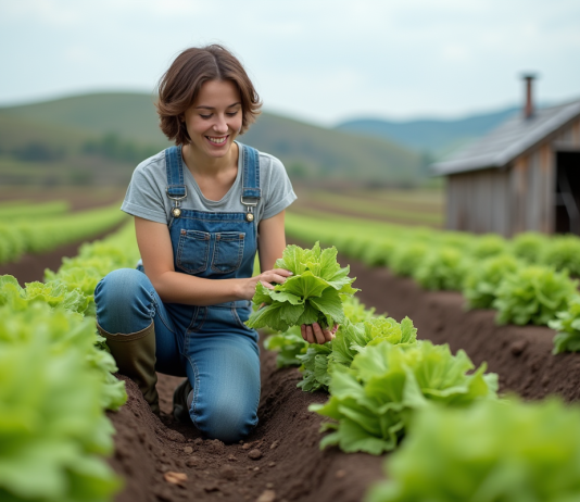 Devenir agriculteur sans diplôme : comment démarrer votre carrière agricole ! Jeune femme en overalls examine des laitues saines dans un champ