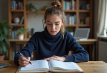 Jeune femme concentrée à étudier le code de la route
