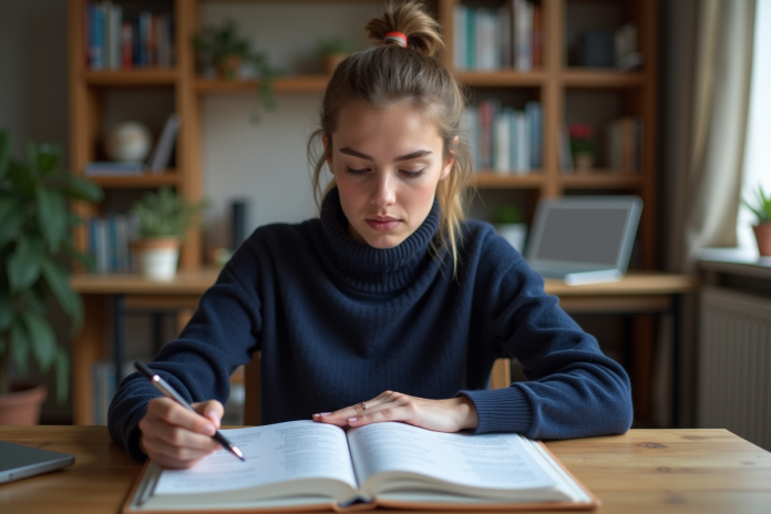 jeune-femme-lecture-permis Jeune femme concentrée à étudier le code de la route
