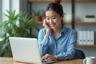 Jeune femme souriante rédigeant une lettre de motivation dans un bureau moderne