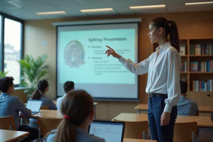 Jeune femme en blouse pointant une diapositive en classe moderne