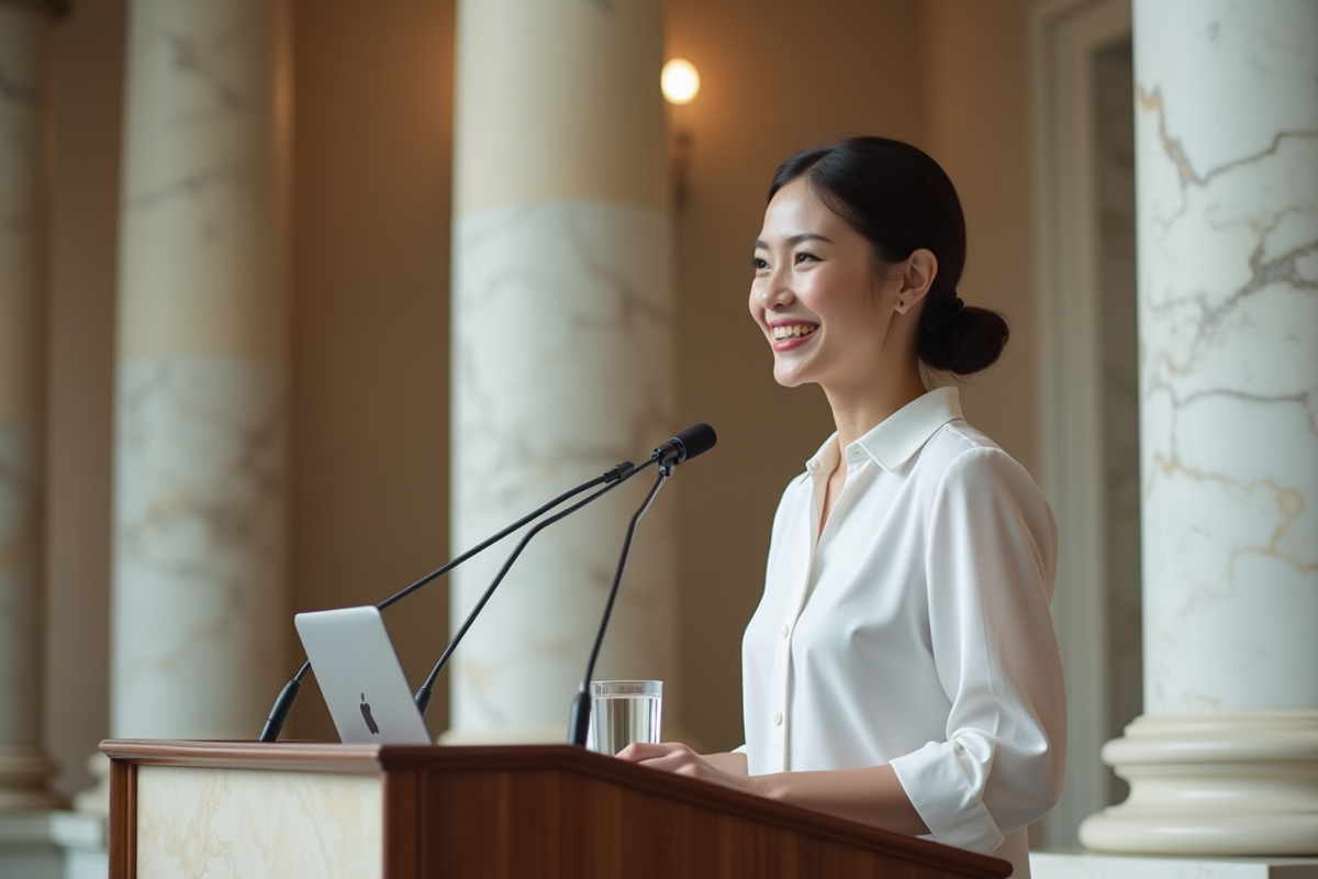 Jeune femme en blouse blanche donne un discours