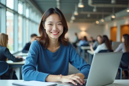 Jeune femme souriante en étude universitaire dans une salle lumineuse