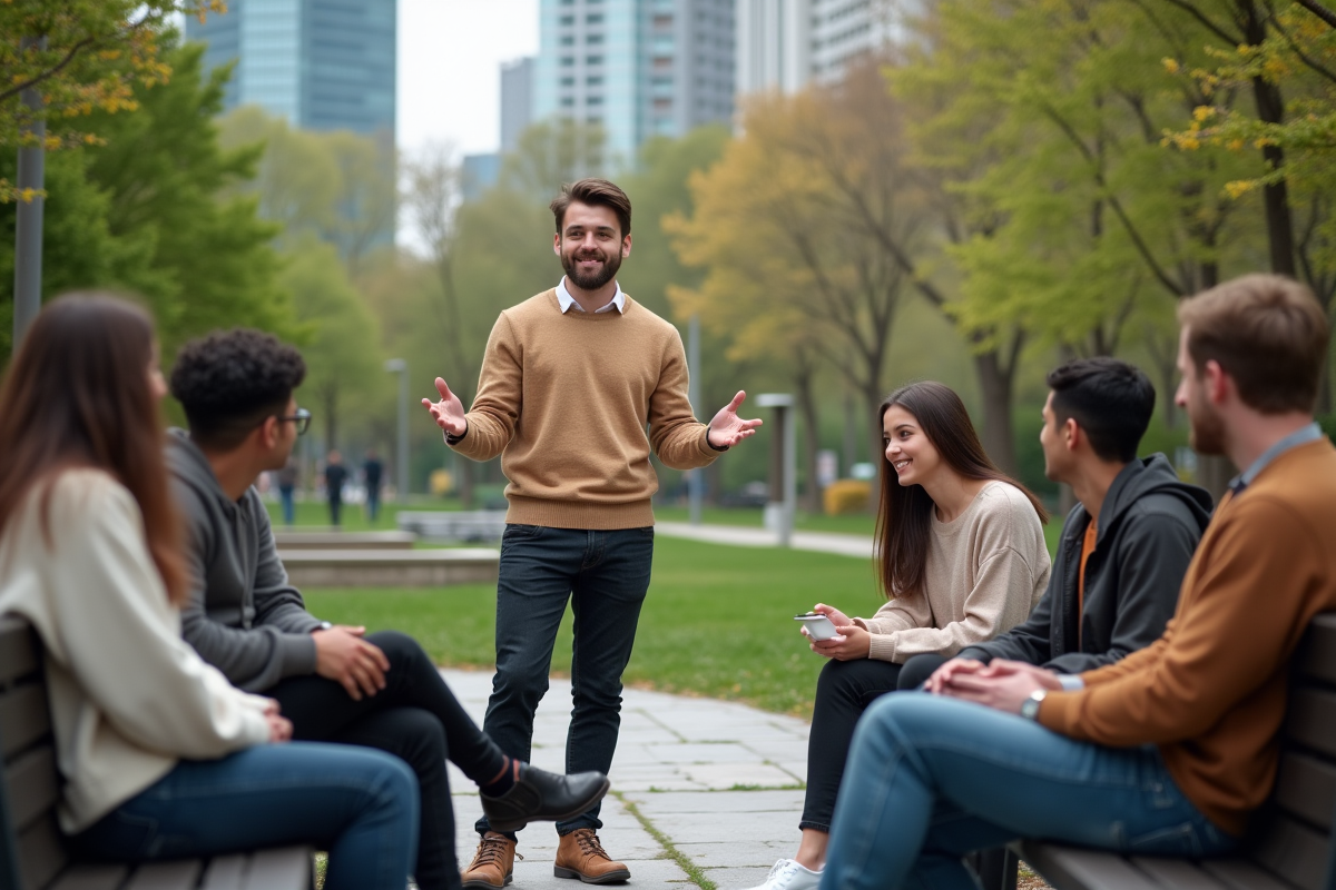 Jeune homme guidant une séance de brainstorming en plein air