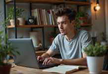 Devenir programmeur sans diplôme : possible en informatique ? Jeune homme en jeans code sur un ordinateur dans un appartement