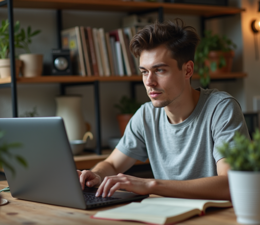 Devenir programmeur sans diplôme : possible en informatique ? Jeune homme en jeans code sur un ordinateur dans un appartement