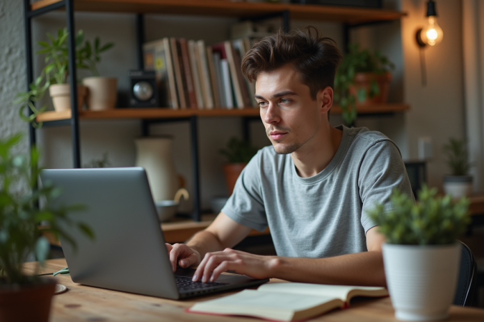Jeune homme en jeans code sur un ordinateur dans un appartement