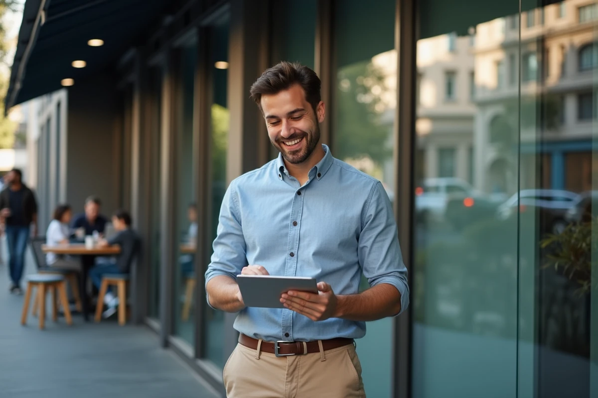 Jeune homme souriant vérifiant une liste digitale en extérieur