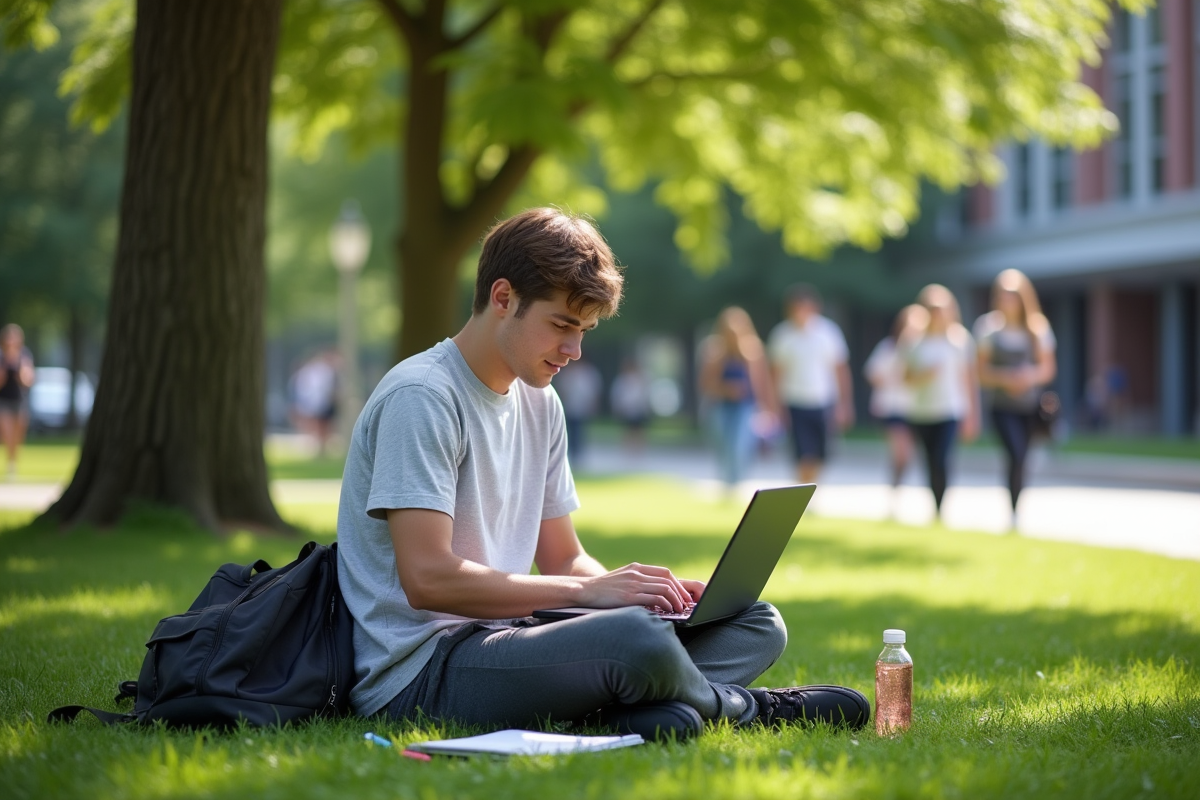 Jeune homme détendu travaillant sur son ordinateur en plein air