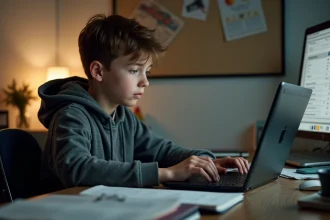 Adolescent seul à son bureau avec un visage frustré