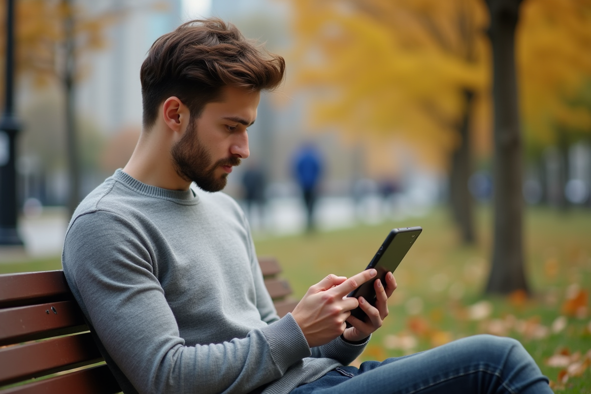 Jeune homme dans un parc utilisant une tablette pour comparer outils