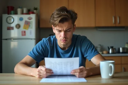 Jeune homme concentré devant un test de qi dans la cuisine