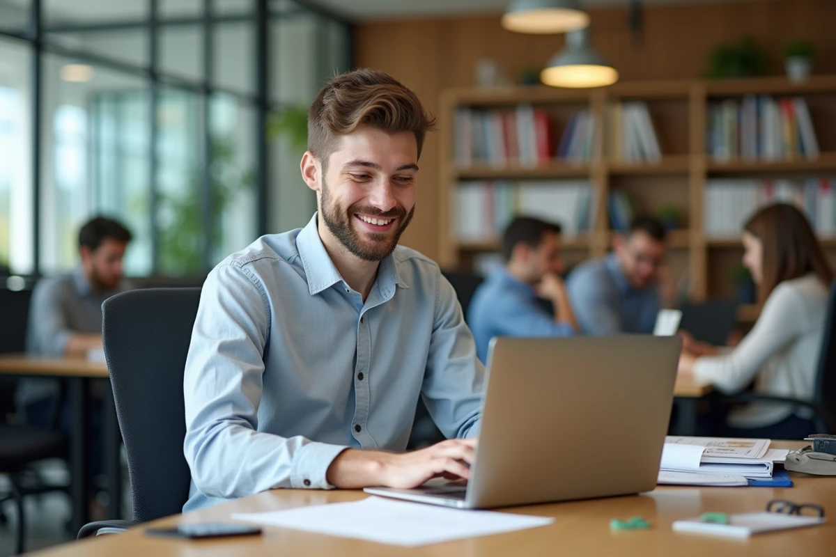 Jeune homme en réunion en ligne dans un espace universitaire