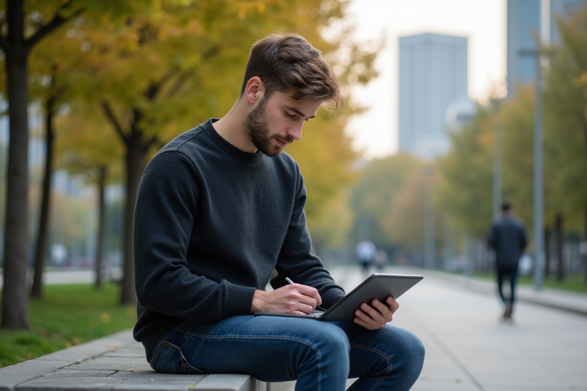 Jeune homme avec tablette dans un parc urbain en journée