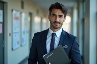 Jeune ingénieur en costume dans un couloir universitaire